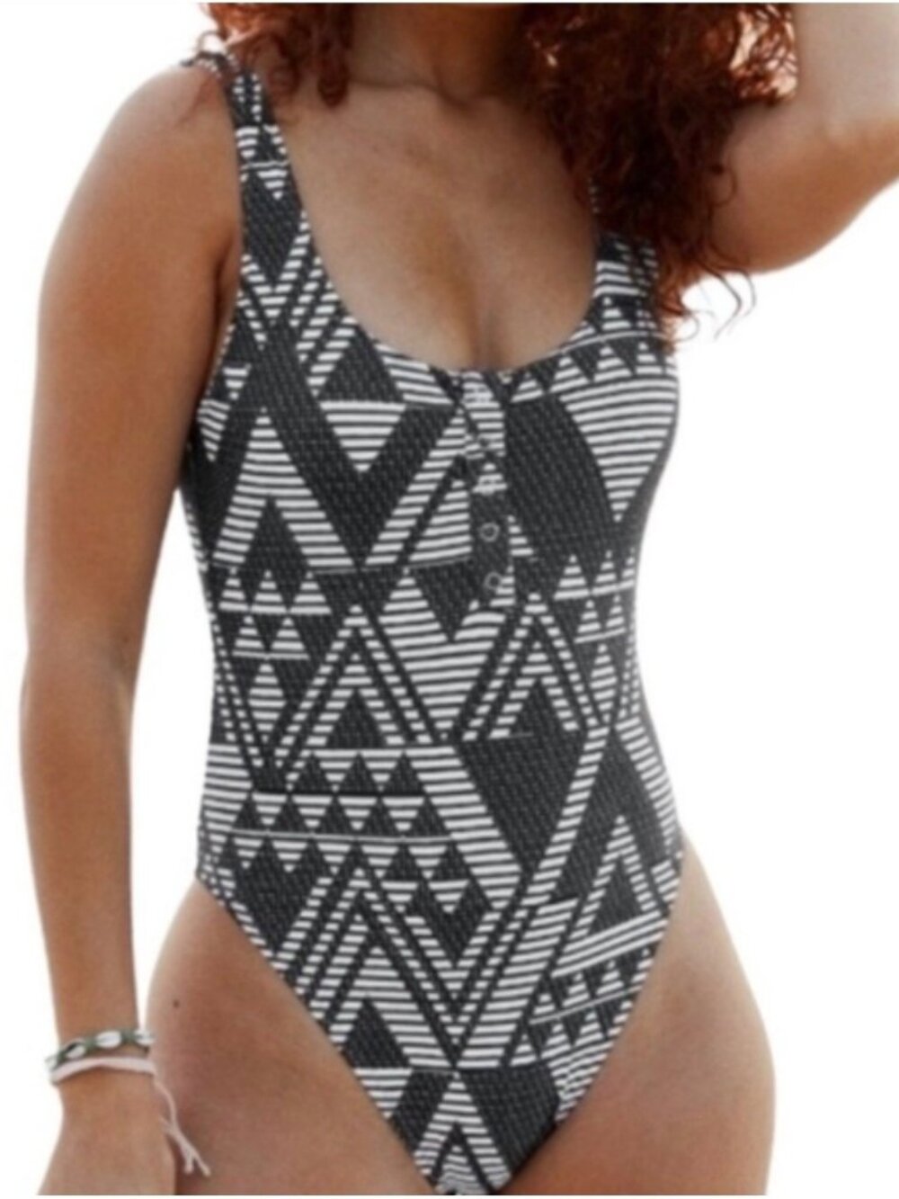 Aerie One Piece Swimsuit Womens M Black White Tribal Henley High Cut Cheeky